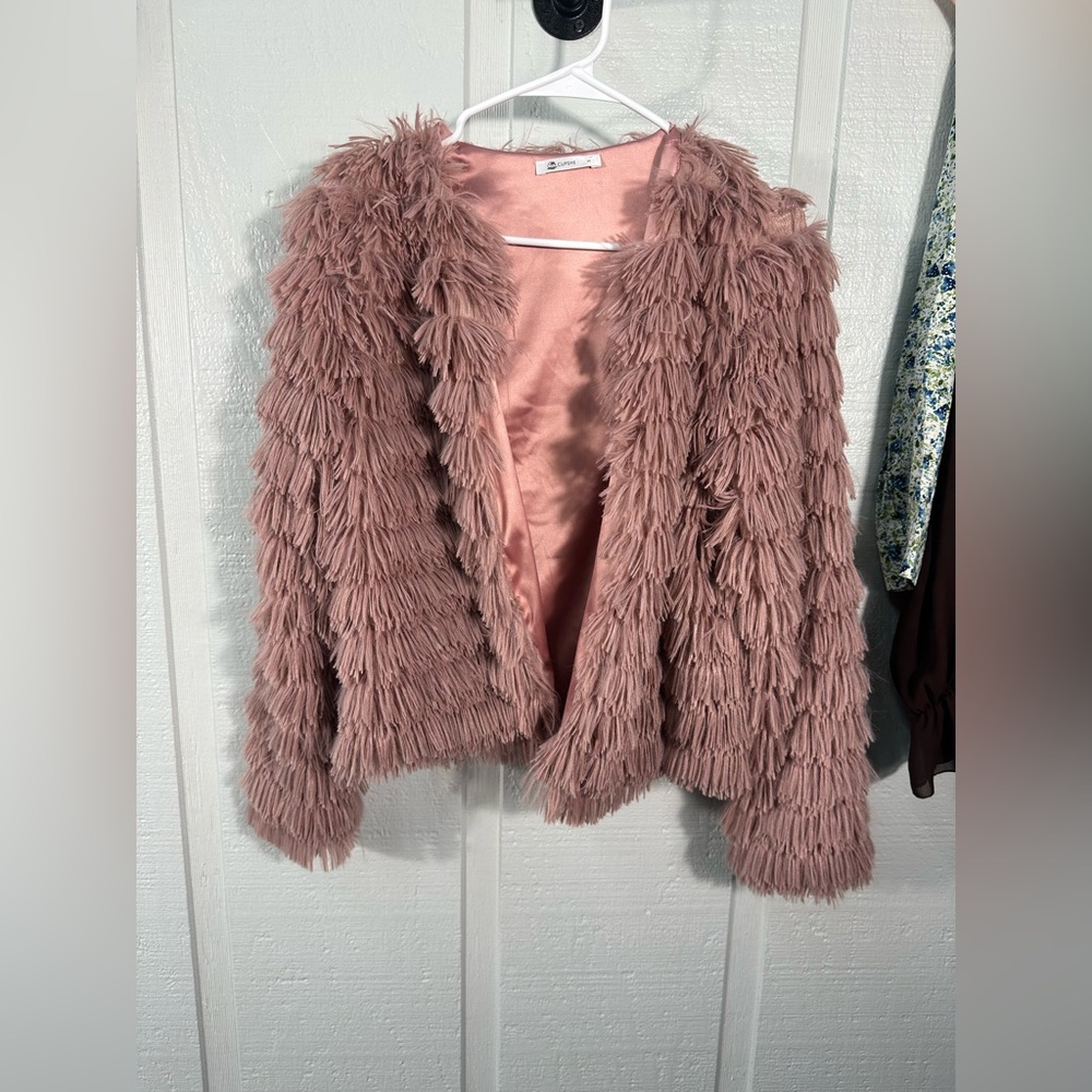 Cupshe Pink Soft Fringe Open Front Lined Jacket Size Small EUC